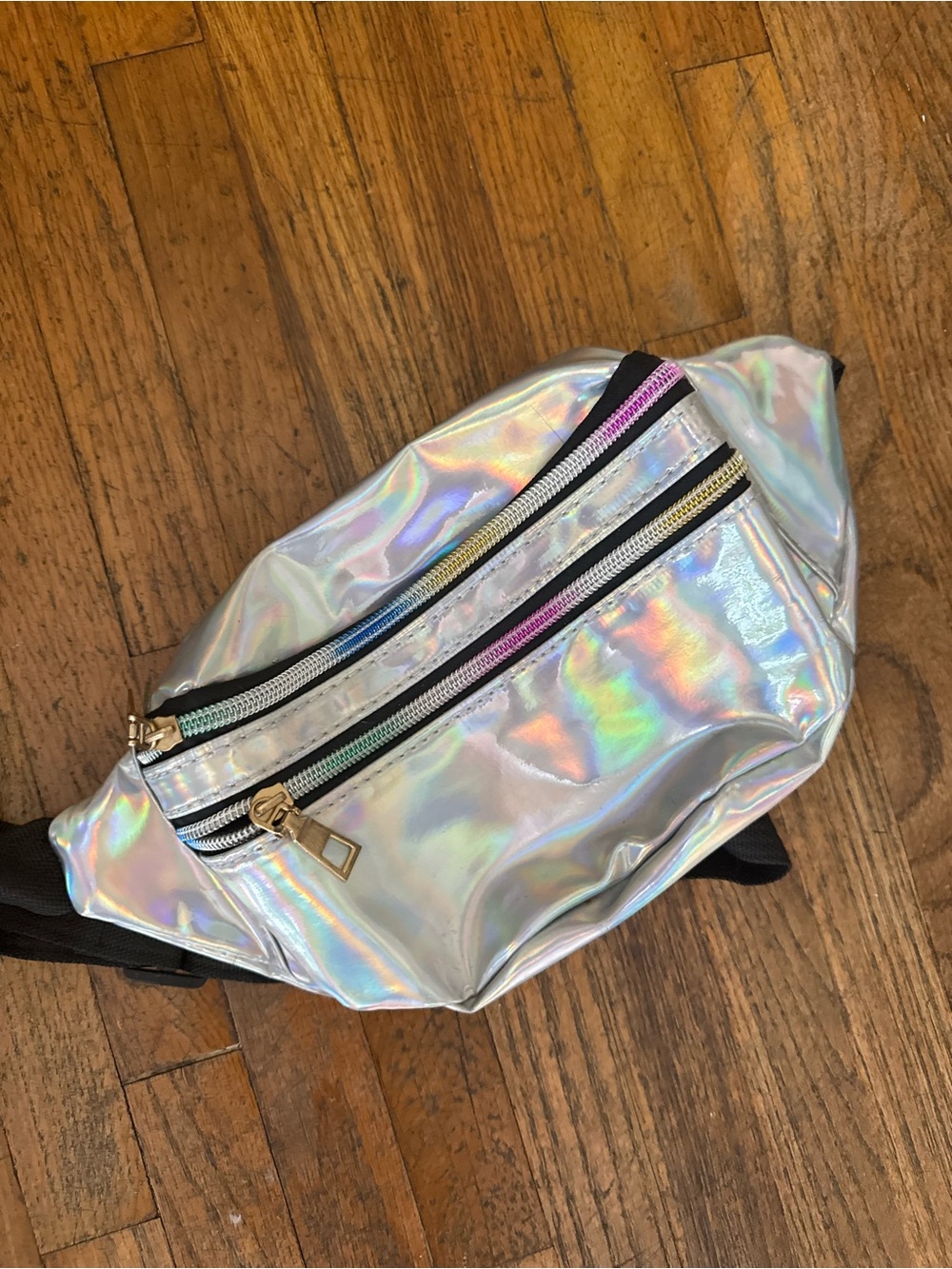 Holographic Silver Waist Bag with Rainbow Zippers
